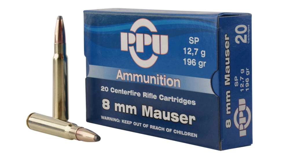 PPU Metric Rifle 8mm Mauser 196 Grain Soft Point Brass Cased Rifle Ammo, 20 Rounds, PP8S
