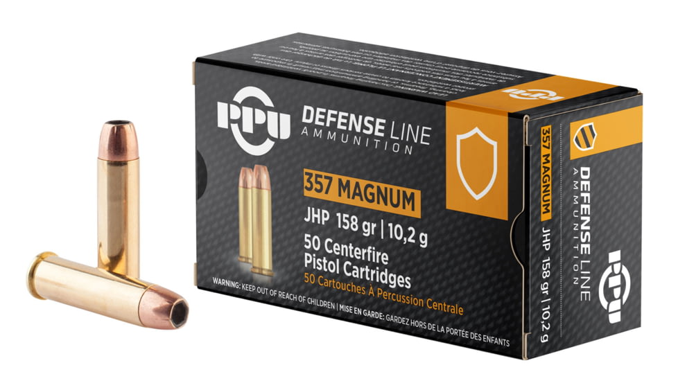 PPU Handgun .357 Magnum 158 Grain Jacketed Hollow Point Brass Cased Pistol Ammo, 50 Rounds, PPD357