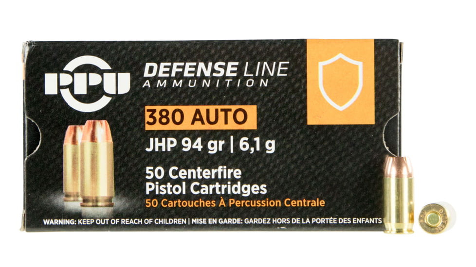 PPU Defense .380 ACP 94 Grain Jacketed Hollow Point Brass Cased Pistol Ammo, 50 Rounds, PPD380A