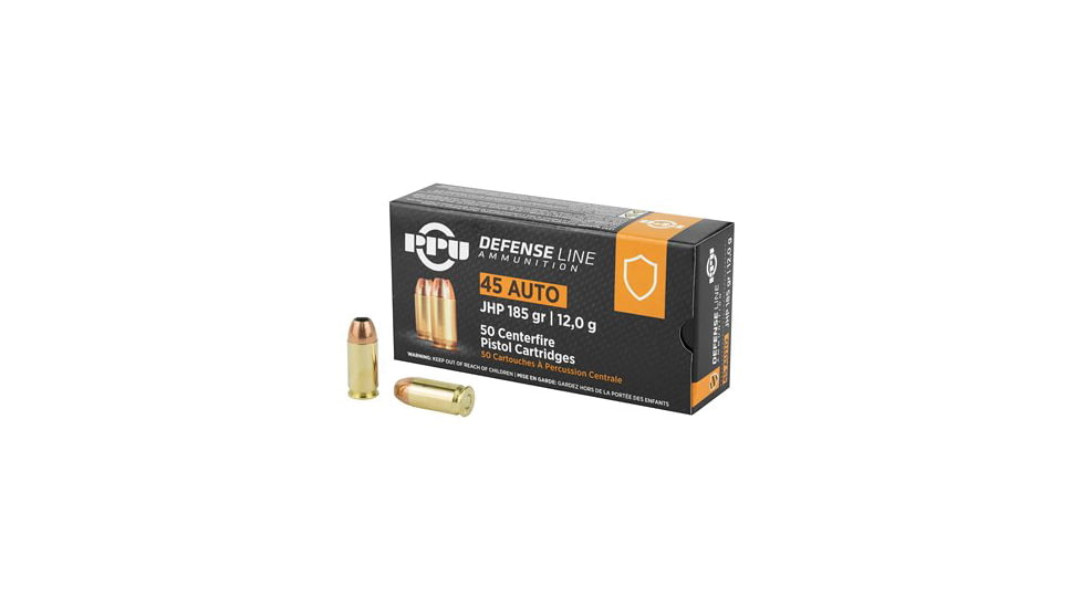 PPU Defense .45 ACP 185 Grain Jacketed Hollow Point Brass Cased Pistol Ammo, 50 Rounds, PPD45
