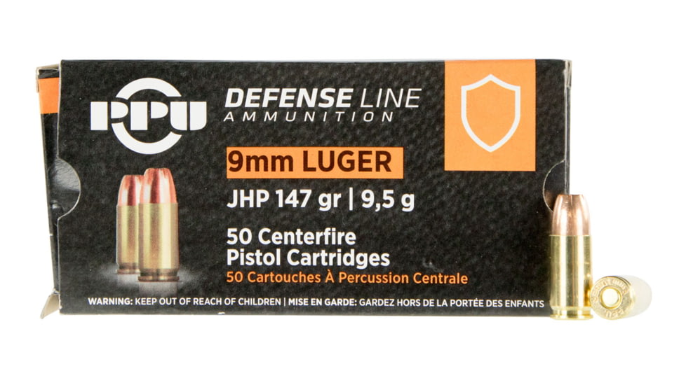 PPU Defense 9mm Luger 147 Grain Jacketed Hollow Point Brass Cased Pistol Ammo, 50 Rounds, PPD92