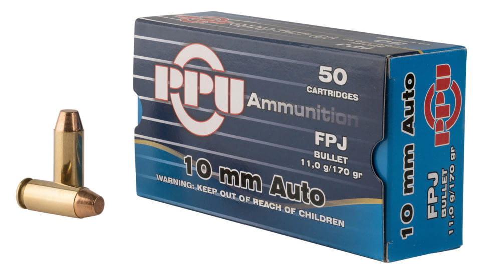 PPU Handgun 10mm Auto 170 Grain Flat Point Jacketed Brass Cased Pistol Ammo, 50 Rounds, PPH10F
