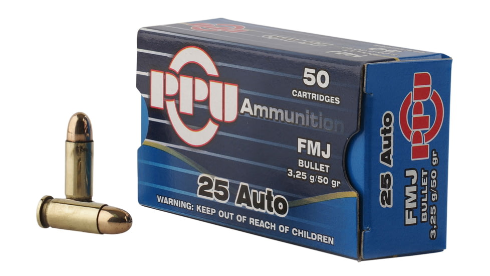 PPU Handgun .25 ACP 50 Grain Full Metal Jacket Brass Cased Pistol Ammo, 50 Rounds, PPH25