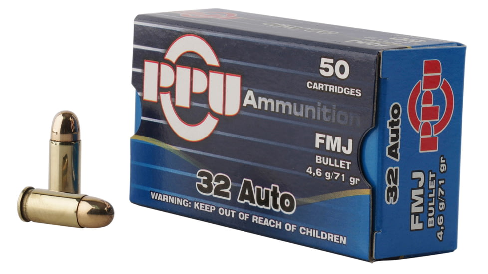 PPU Handgun .32 ACP 71 Grain Full Metal Jacket Brass Cased Pistol Ammo, 50 Rounds, PPH32AF