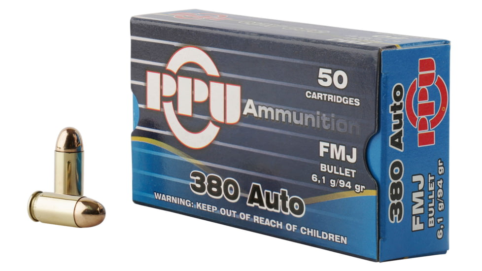 PPU .380 ACP 94 Grain Full Metal Jacket Brass Cased Centerfire Pistol Ammo, 50 Rounds, PPH380AF
