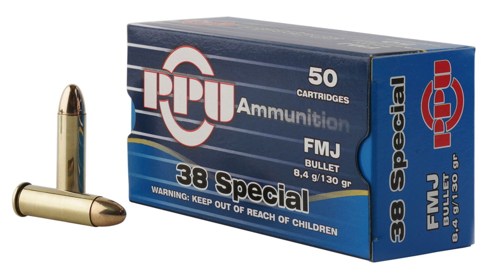 PPU Handgun .38 Special 130 Grain Full Metal Jacket Brass Cased Pistol Ammo, 50 Rounds, PPH38SF