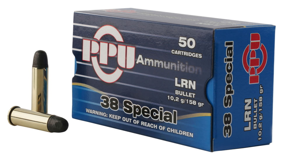PPU Handgun .38 Special 158 Grain Lead Round Nose Brass Cased Pistol Ammo, 50 Rounds, PPH38SL