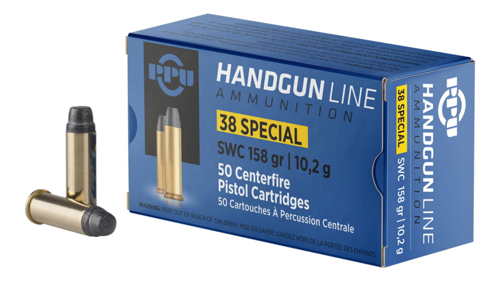 PPU Handgun .38 Special 158 Grain Semi Wadcutter Brass Cased Pistol Ammo, 50 Rounds, PPH38SS