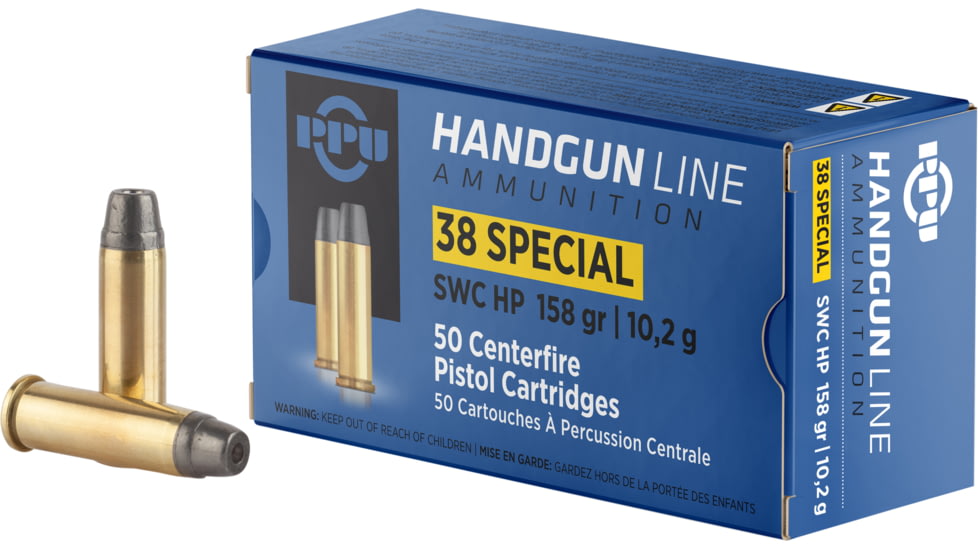 PPU Handgun .38 Special 158 Grain Semi Wadcutter Hollow Point Brass Cased Pistol Ammo, 50 Rounds, PPH38SH