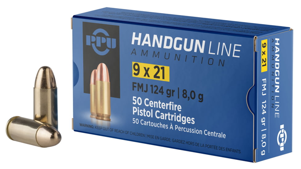PPU Handgun 9x21 IMI 124 Grain Full Metal Jacket Brass Cased Pistol Ammo, 50 Rounds, PPH921