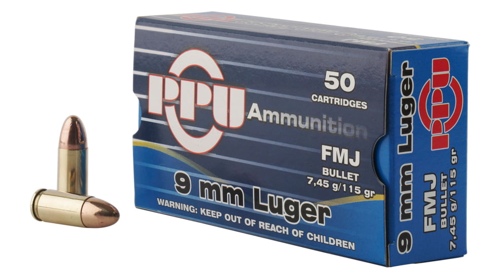 PPU Handgun 9mm Luger 115 Grain Full Metal Jacket Brass Cased Pistol Ammo, 50 Rounds, PPH9F1