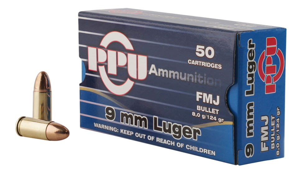 PPU Handgun 9mm Luger 124 Grain Full Metal Jacket Brass Cased Pistol Ammo, 50 Rounds, PPH9F2
