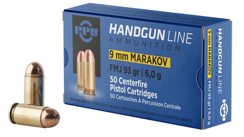 PPU Handgun 9x18mm Makarov 93 Grain Full Metal Jacket Brass Cased Pistol Ammo, 50 Rounds, PPH9MF
