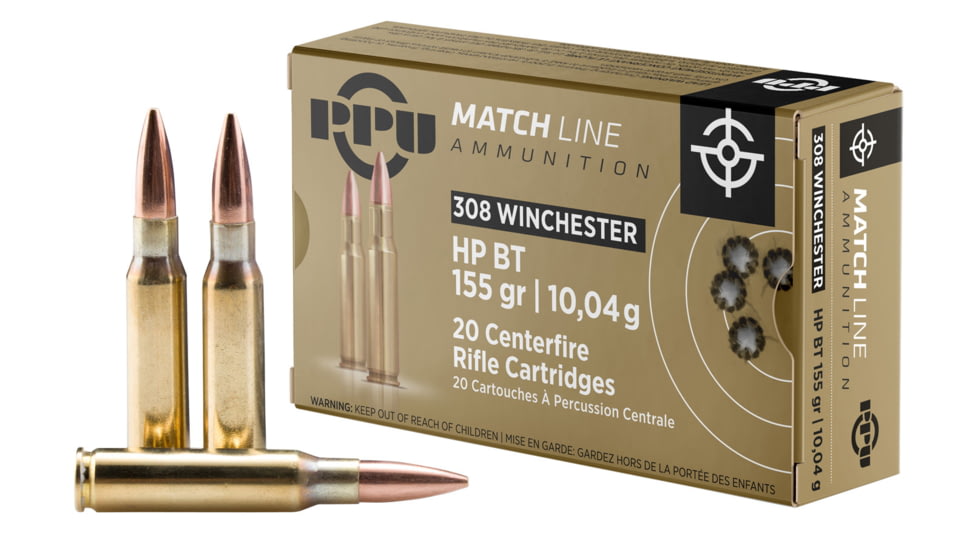 PPU Match .308 Winchester 155 Grain Hollow Point Boat Tail Brass Cased Rifle Ammo, 20 Rounds, PPM3081