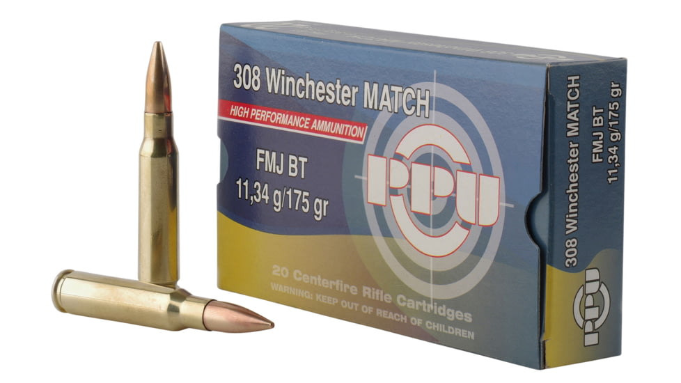 PPU PPM3083 Match 308 Win 175 Gr Full Metal Jacket Boat Tail FMJBT 20 Bx/ 10