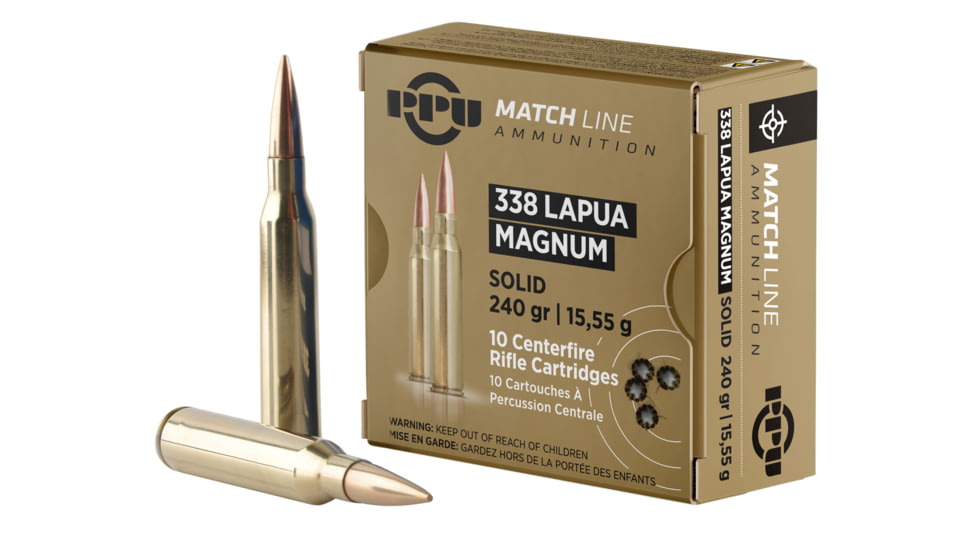 PPU Match .338 Lapua Magnum 240 Grain Copper Solid Brass Cased Rifle Ammo, 10 Rounds, PPM338