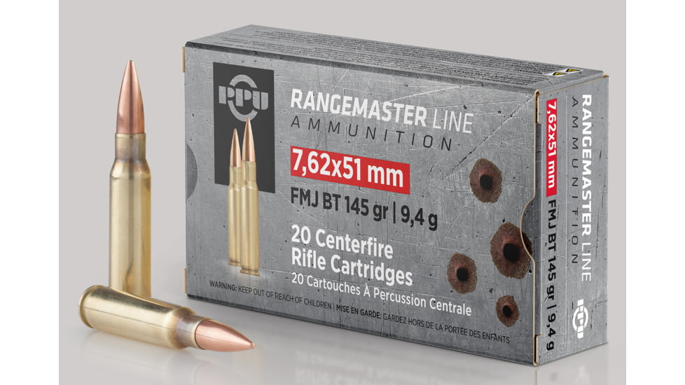 PPU Rangemaster, 7.62x51mm NATO, 145 Grain, Full Metal Jacket Boat Tail, Centerfire Rifle Ammo, 20 Rounds, PPRM762