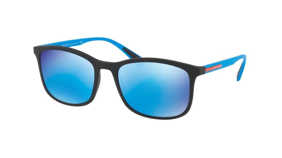 Prada PS01TS Sunglasses DG05M2-56 - Black Rubber Frame, Light Green Mirror Blue Lenses