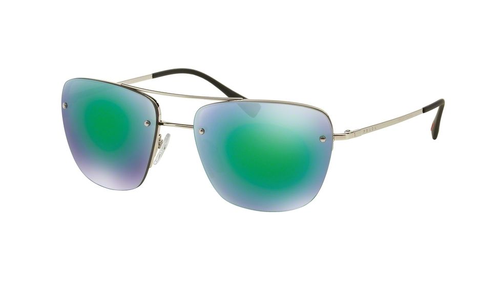 Prada PS52RS Sunglasses 1BC1M0-56 - Silver Frame, Light Green Mirror Green Lenses
