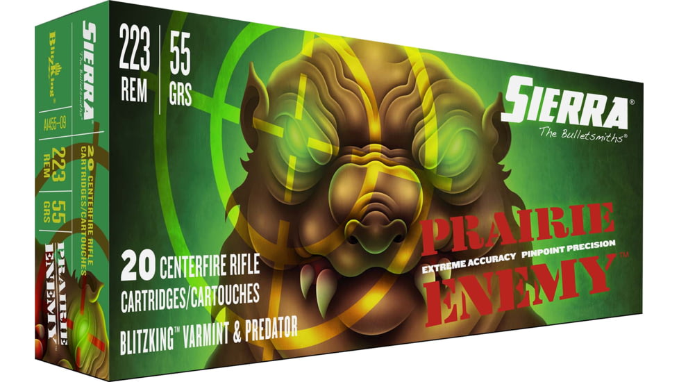 Prairie Enemy Rifle Ammo, .223 Remington, Sierra Bullets BlitzKing, 55 Grain, 20 Rounds