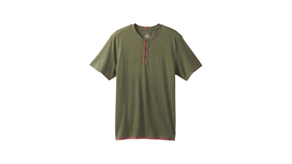 prAna Garrity Short Sleeve Henley Mens, Cargo Green Heather, Medium, M11181406-CGHT-M