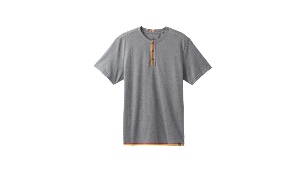 prAna Garrity Short Sleeve Henley Mens, Gravel Heather, Medium, M11181406-GRHT-M