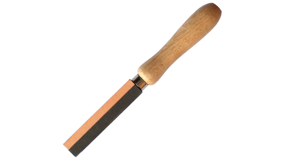 Prandi Axe Sharpening Stone, 7.75in Overall, Gray Side-180 Grit, Orange Side-400 Grit, Stone 3.88in X 1.5in X 0.75in, Wooden Handle, 7.708.00