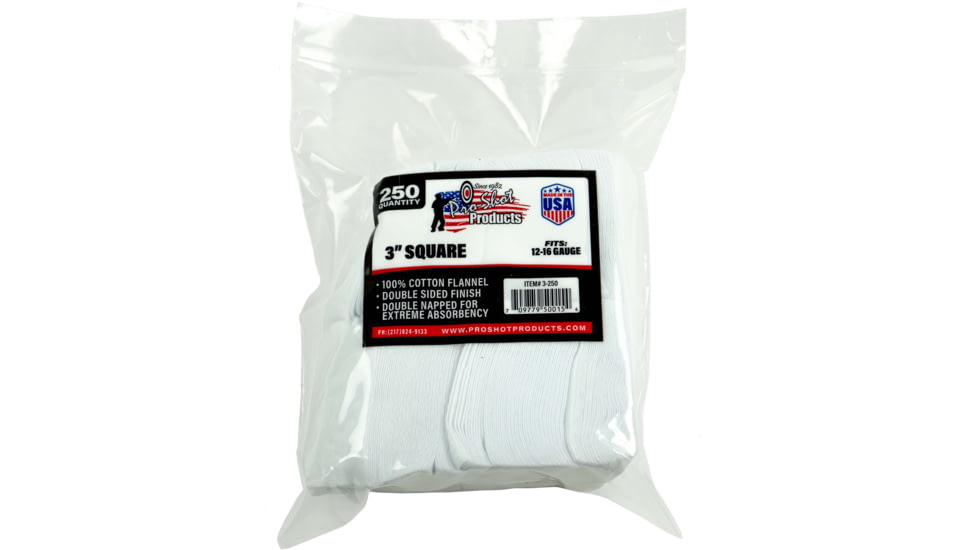 Pro-Shot Cotton Flannel Patches, 12-16 Gauge, 3 in, White, 250, 3-250