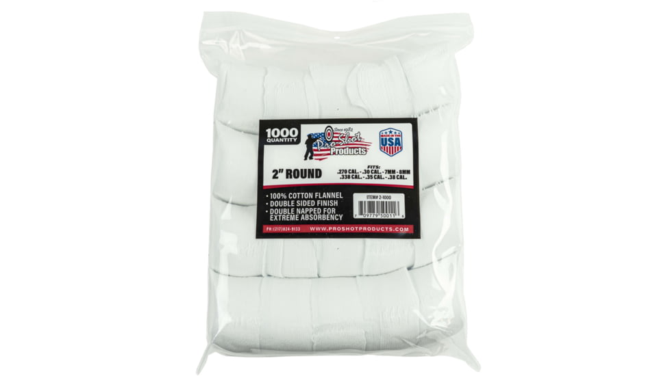 Pro-Shot Cotton Flannel Patches, .270-.38 Caliber, 2 in Round, White, 1000, 2-1000
