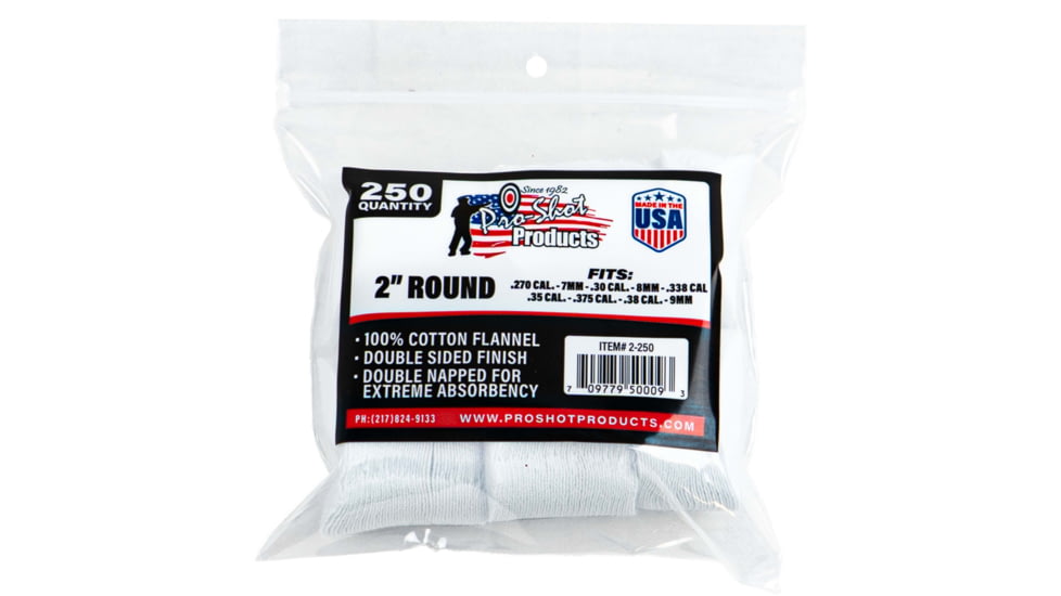 Pro-Shot Cotton Flannel Patches, .270-.38 Caliber, 2 in Round, White, 250, 2-250