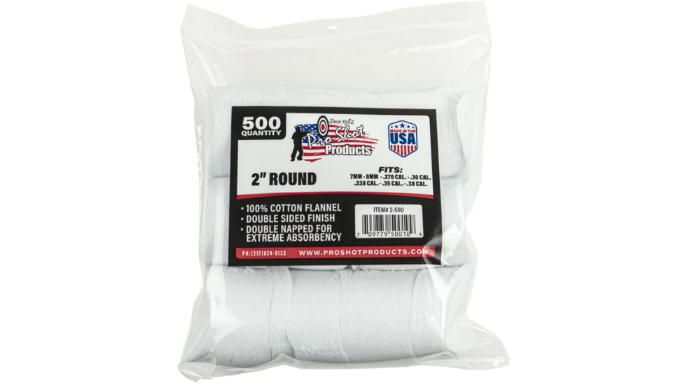 Pro-Shot Cotton Flannel Patches, .270-.38 Caliber, 2 in Round, White, 500, 2-500