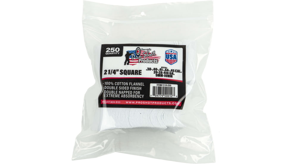 Pro-Shot Cotton Flannel Patches .38-.45 Caliber/20-.410 Gauge 2.25 Inch Square 250 Per Bag