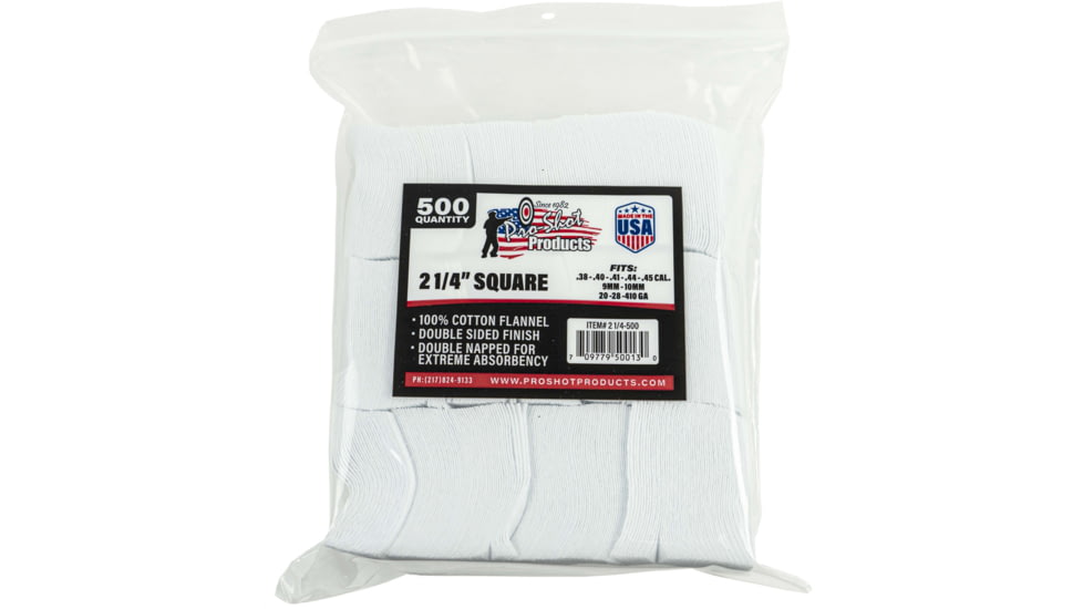 Pro-Shot Cotton Flannel Patches .38-.45 Caliber/20-.410 Gauge 2.25 Inch Square 500 Per Bag