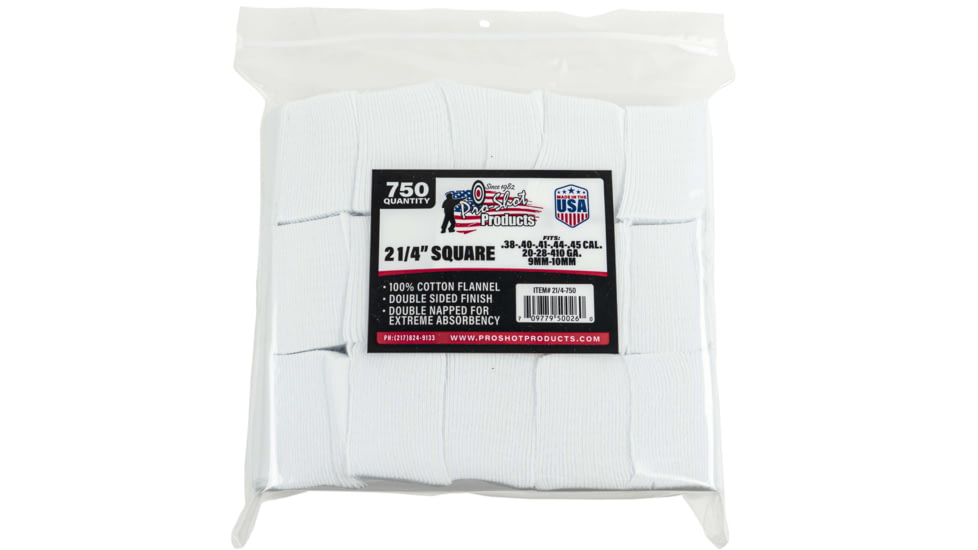 Pro-Shot Cotton Flannel Patches .38-.45 Caliber/20-.410 Gauge 2.25 Inch Square 750 Per Bag
