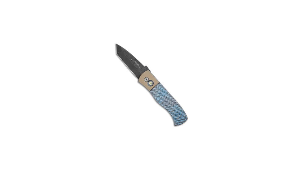 Pro-Tech Knives Emerson Custom CQC-7 Jigged Automatic Folding Knife, 3.25in, Damascus, Tanto Blade, Titanium, Black Handle, Black/Black, 7.875 inch, BHQ-191504