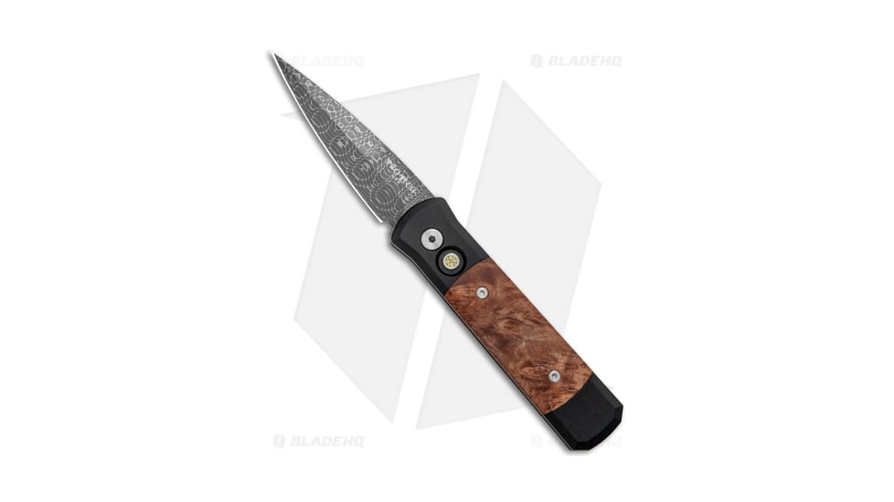 Pro-Tech Knives Custom Godson Automatic Folding Knife, 3.15in, Damascus, Spear Point Blade, Aluminum, Wood, Black/Wood Handle, Maple Burl, Spiro, Black/Wood/Black, 7.56 inch, BHQ-123683