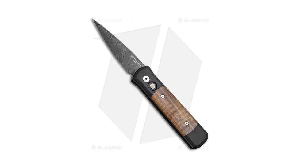 Pro-Tech Knives Custom Godson Automatic Folding Knife, 3.15in, Damascus, Spear Point Blade, Aluminum, Wood, Black/Wood Handle, Koa Wood, 7KOA-DM, Black/Wood/Black, 7.56 inch, BHQ-52201
