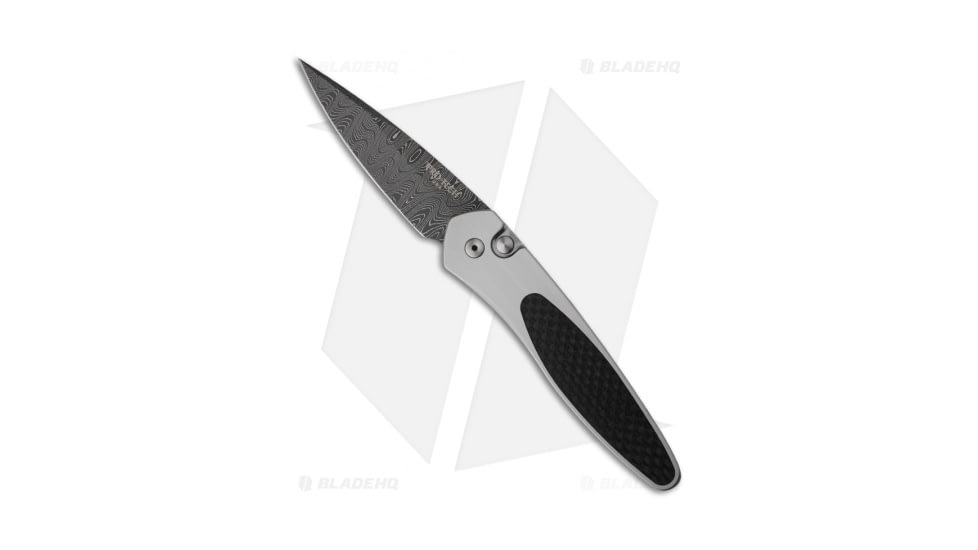 Pro-Tech Knives Custom Steel Newport Automatic Folding Knife, 3.00in, Damascus, Spear Point Blade, Carbon Fiber, Black/Gray Handle, Black/Gray/Black, 7.125 inch, BHQ-19678
