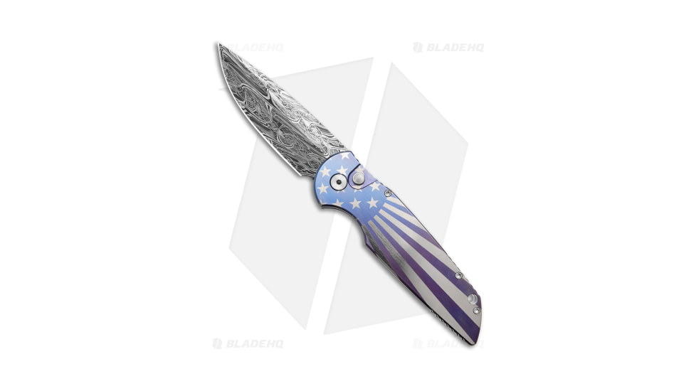 Pro-Tech Knives Custom TR-3 Automatic Folding Knife, 3.40in, Damascus, Drop Point Blade, Titanium, Blue/Purple Handle, Blue/Purple/Black, 8.00 inch, BHQ-185904