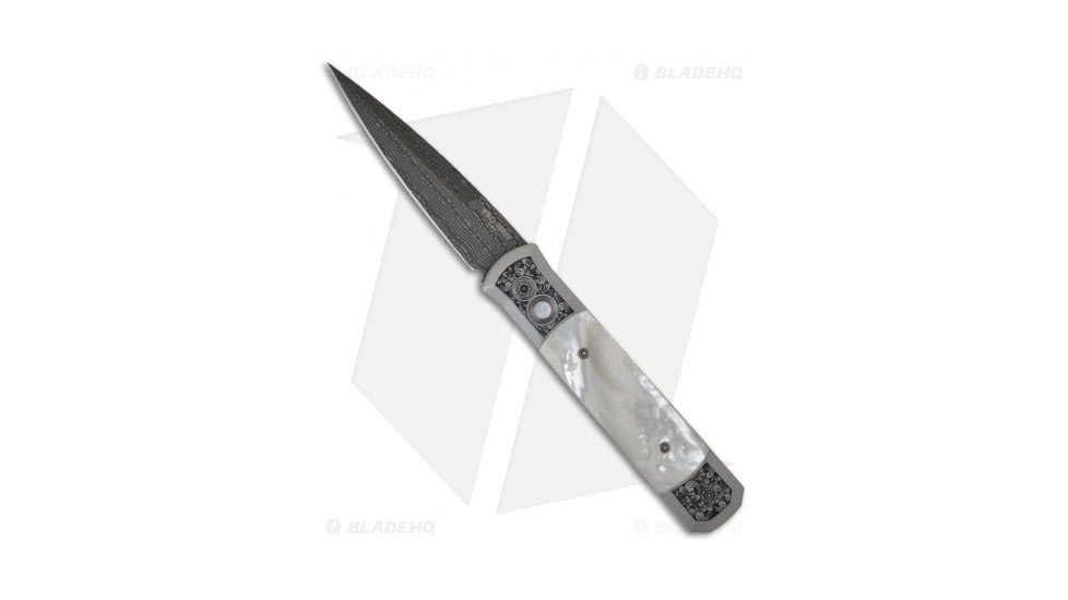 Pro-Tech Knives Godfather Ultimate Custom Automatic Folding Knife, 4.00in, Damascus, Spear Point Blade, Mother of Pearl, Gray/White Handle, Stainless, Gray/White/Black, 9.25 inch, BHQ-7400