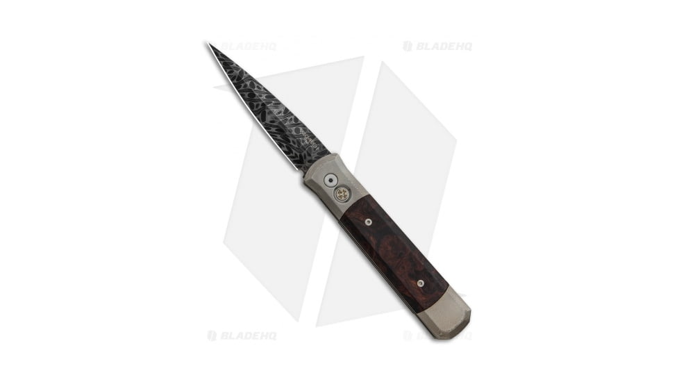 Pro-Tech Knives Godfather Ultimate Custom Automatic Folding Knife, 4.00in, Damascus, Spear Point Blade, Titanium, Bronze/Brown Handle, Peel, Bronze/Brown/Black, 9.25 inch, BHQ-88636