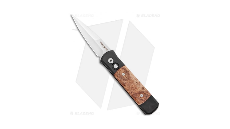 Pro-Tech Knives Godson Automatic Folding Knife, 3.15in, 154CM, Spear Point Blade, Wood, Black/Wood Handle, Box Elder Burl, Black/Wood/Gray, 7.56 inch, BHQ-0458