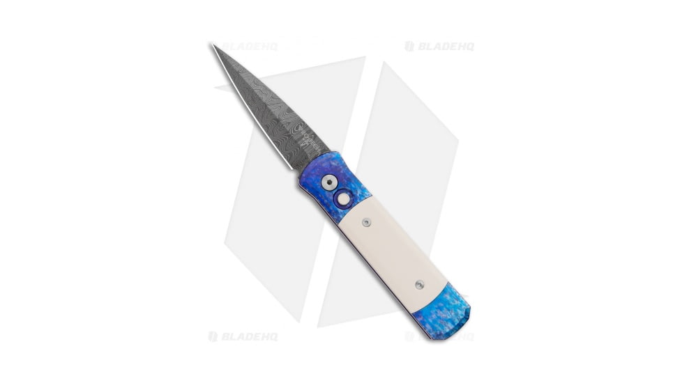 Pro-Tech Knives Godson Automatic Folding Knife, 3.15in, Damascus, Spear Point Blade, Micarta, Blue/White Handle, Jazz/Ivory Micarta, Blue/White/Black, 7.56 inch, BHQ-103196
