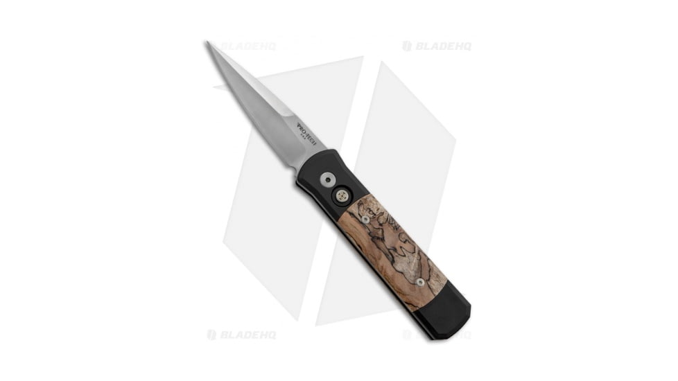 Pro-Tech Knives Godson Automatic Folding Knife, 3.15in, 154CM, Spear Point Blade, Maple, Black/Wood Handle, Malted Maple Burl Wood, Black/Wood/Gray, 7.56 inch, BHQ-22213