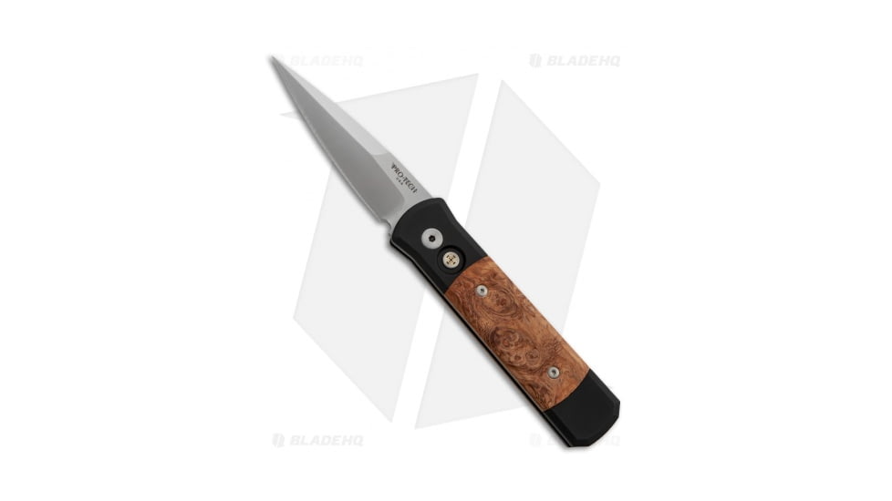 Pro-Tech Knives Godson Automatic Folding Knife, 3.15in, 154CM, Spear Point Blade, Wood, Black/Wood Handle, w/ Afzelia Lay Burl, Black/Wood/Gray, 7.56 inch, BHQ-22333