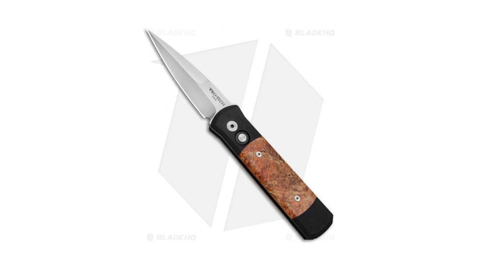Pro-Tech Knives Godson Automatic Folding Knife, 3.15in, 154CM, Spear Point Blade, Wood, Black/Wood Handle, Dyed Box Elder Burl, Black/Wood/Gray, 7.56 inch, BHQ-68791