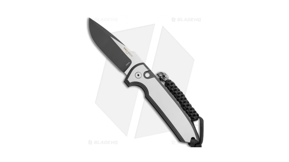 Pro-Tech Knives Les George Rockeye Steel Custom Automatic Folding Knife, 3.375in, D2, Drop Point Blade, Stainless Steel, Black/Gray Handle, Black/Gray/Black, 8.375 inch, BHQ-50427