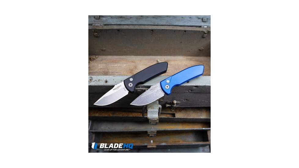 Pro-Tech Knives Les George SBR Automatic Folding Knife, 2.60in, CPM S35VN, Drop Point Blade, Titanium, Bronze/Blue Handle, Bronze/Orange/Peel/Blue/Gray, 6.45 inch, BHQ-185898
