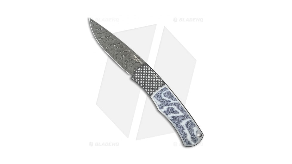 Pro-Tech Knives Magic BR-1 Whiskers Custom Automatic Folding Knife, 3.125in, Damascus, Drop Point Blade, Steel, Gray Handle, Gray/Black, 7.25 inch, BHQ-30313