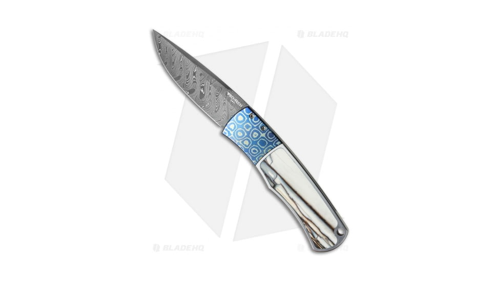 Pro-Tech Knives Magic BR-1 Whiskers Custom Automatic Folding Knife, 3.125in, Damascus, Drop Point Blade, Stainless Steel, Blue/Gray/White Handle, Blue/Gray/White/Black, 7.25 inch, BHQ-30583